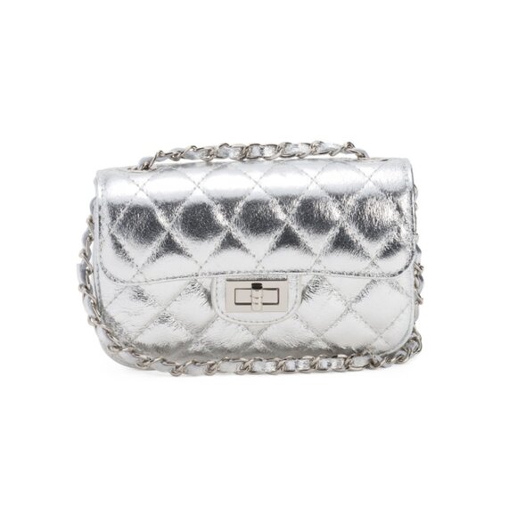 PERSAMAN NEW YORK Silver Made In Italy Leather Quilted Crossbody
